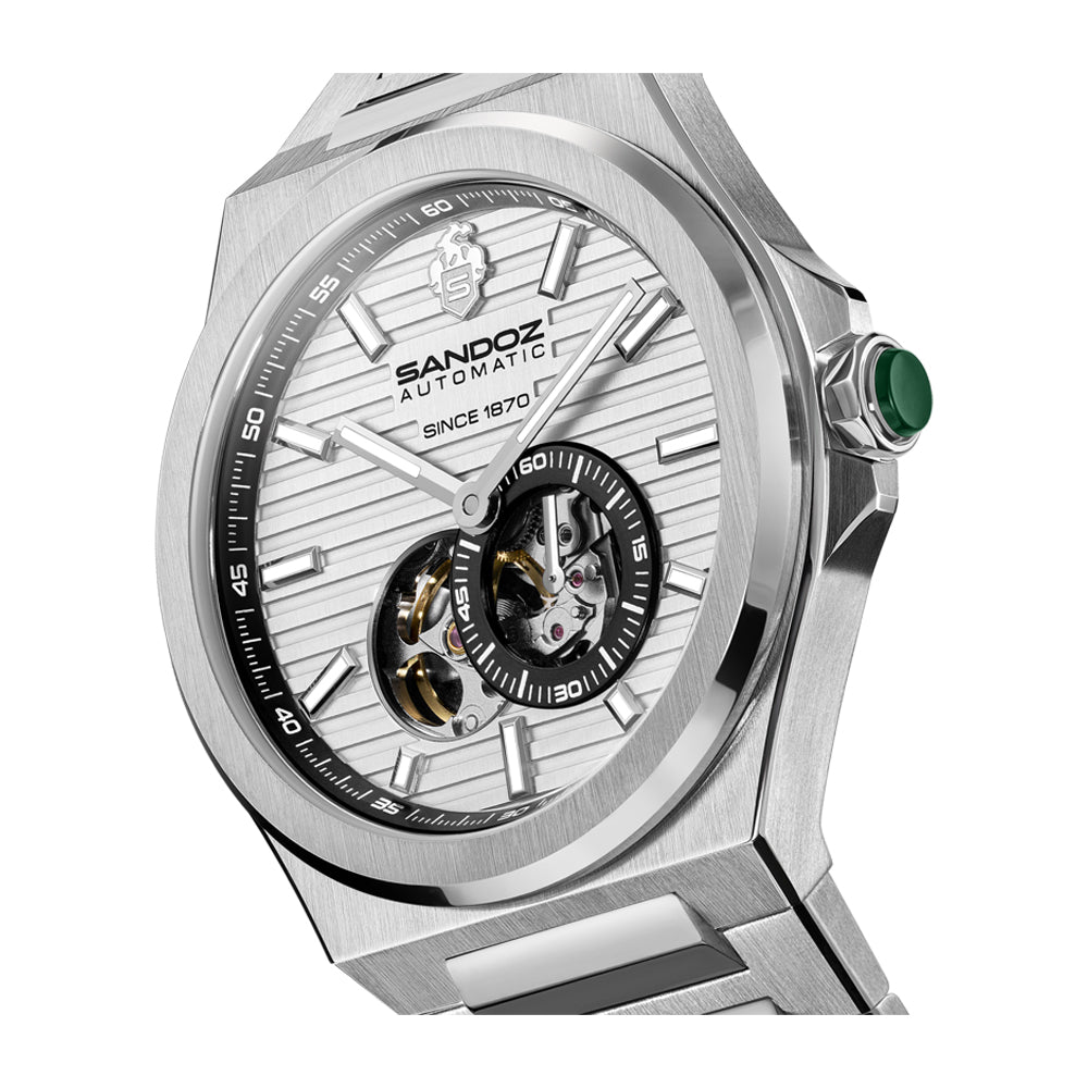 CDF 75 GENTS AUTOMATIC OPEN HEART WATCH Silver Dial, Stainless Steel Bracelet