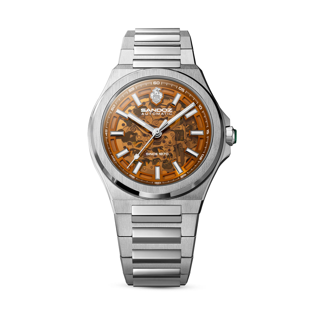 CDF 75 GENTS AUTOMATIC SKELETON WATCH Amber Dial, Stainless Steel