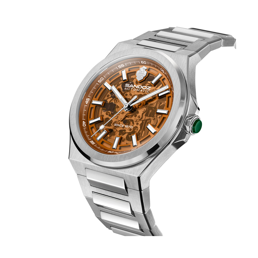 CDF 75 GENTS AUTOMATIC SKELETON WATCH Amber Dial, Stainless Steel