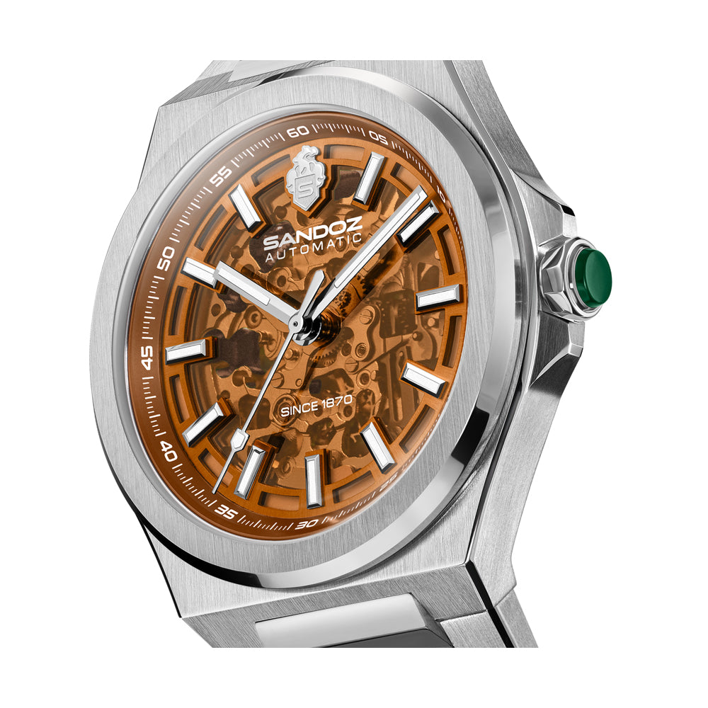CDF 75 GENTS AUTOMATIC SKELETON WATCH Amber Dial, Stainless Steel