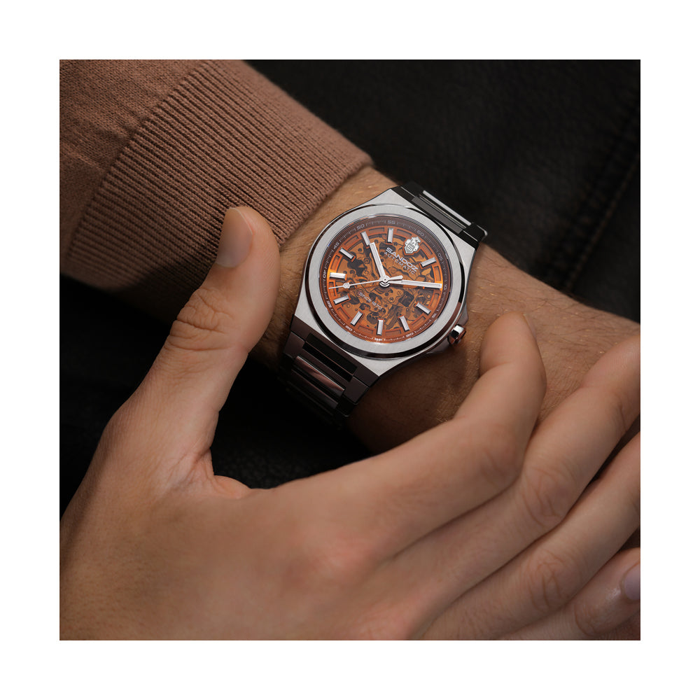 CDF 75 GENTS AUTOMATIC SKELETON WATCH Amber Dial, Stainless Steel