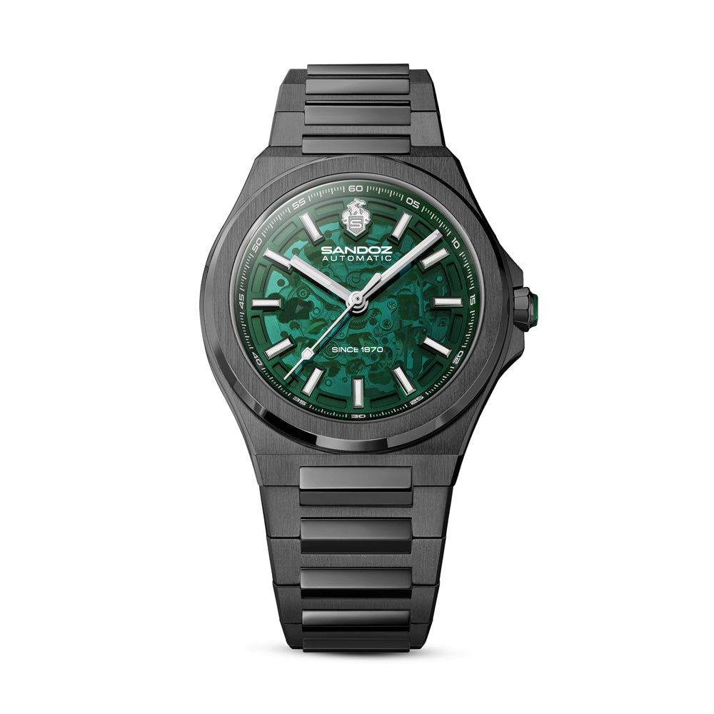 CDF 75 GENTS AUTOMATIC SKELETON WATCH Green Dial, Gun Bracelet