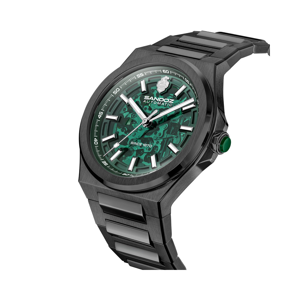 CDF 75 GENTS AUTOMATIC SKELETON WATCH Green Dial, Gun Bracelet