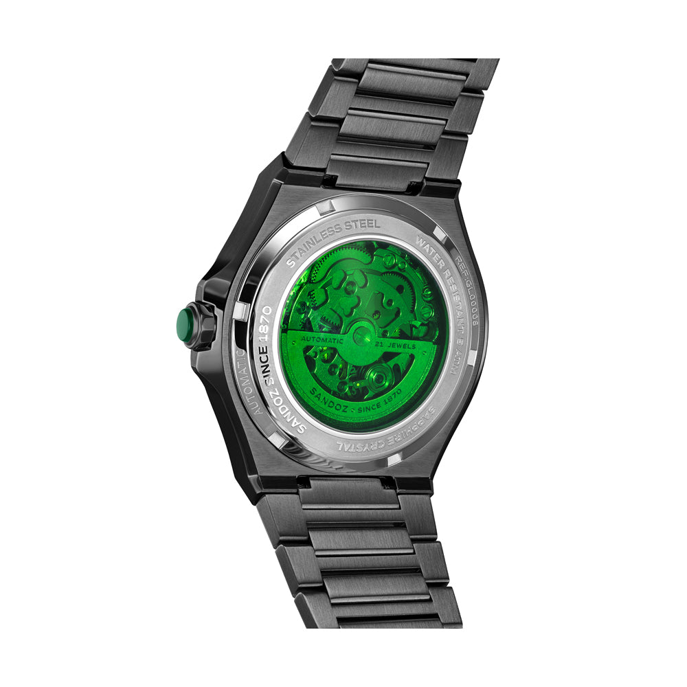 CDF 75 GENTS AUTOMATIC SKELETON WATCH Green Dial, Gun Bracelet