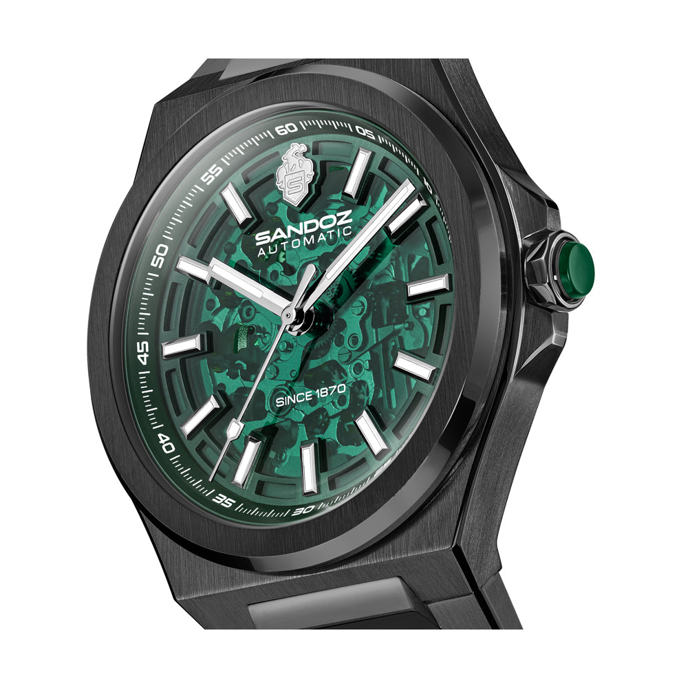 CDF 75 GENTS AUTOMATIC SKELETON WATCH Green Dial, Gun Bracelet