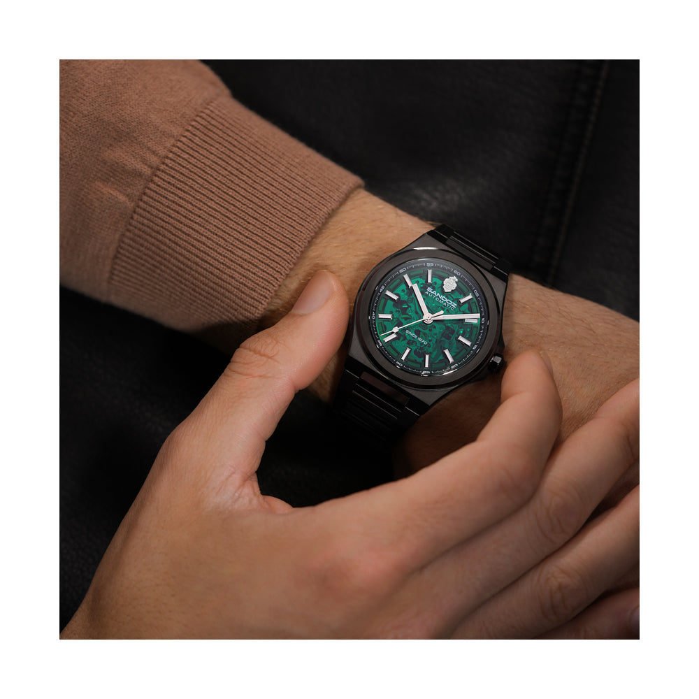 CDF 75 GENTS AUTOMATIC SKELETON WATCH Green Dial, Gun Bracelet