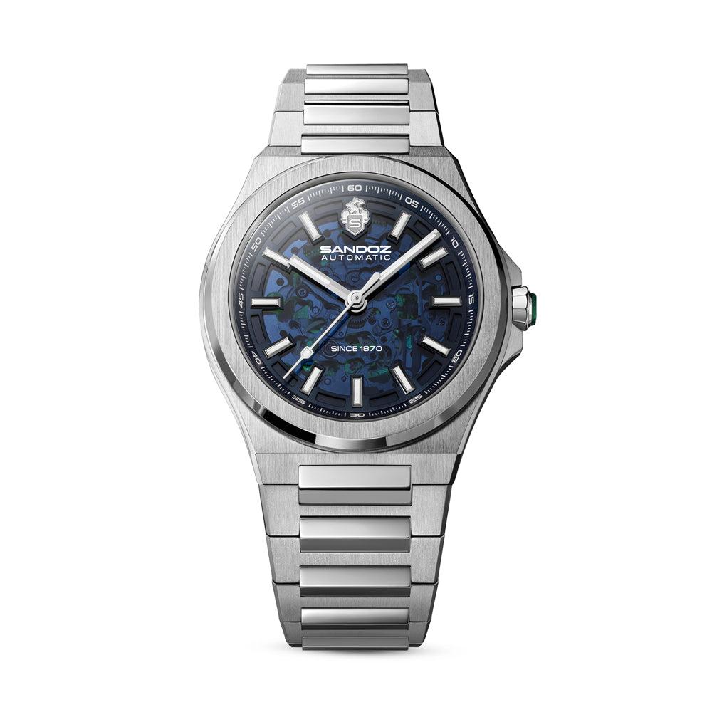CDF 75 GENTS AUTOMATIC SKELETON WATCH Blue Dial, Stainless Steel Bracelet