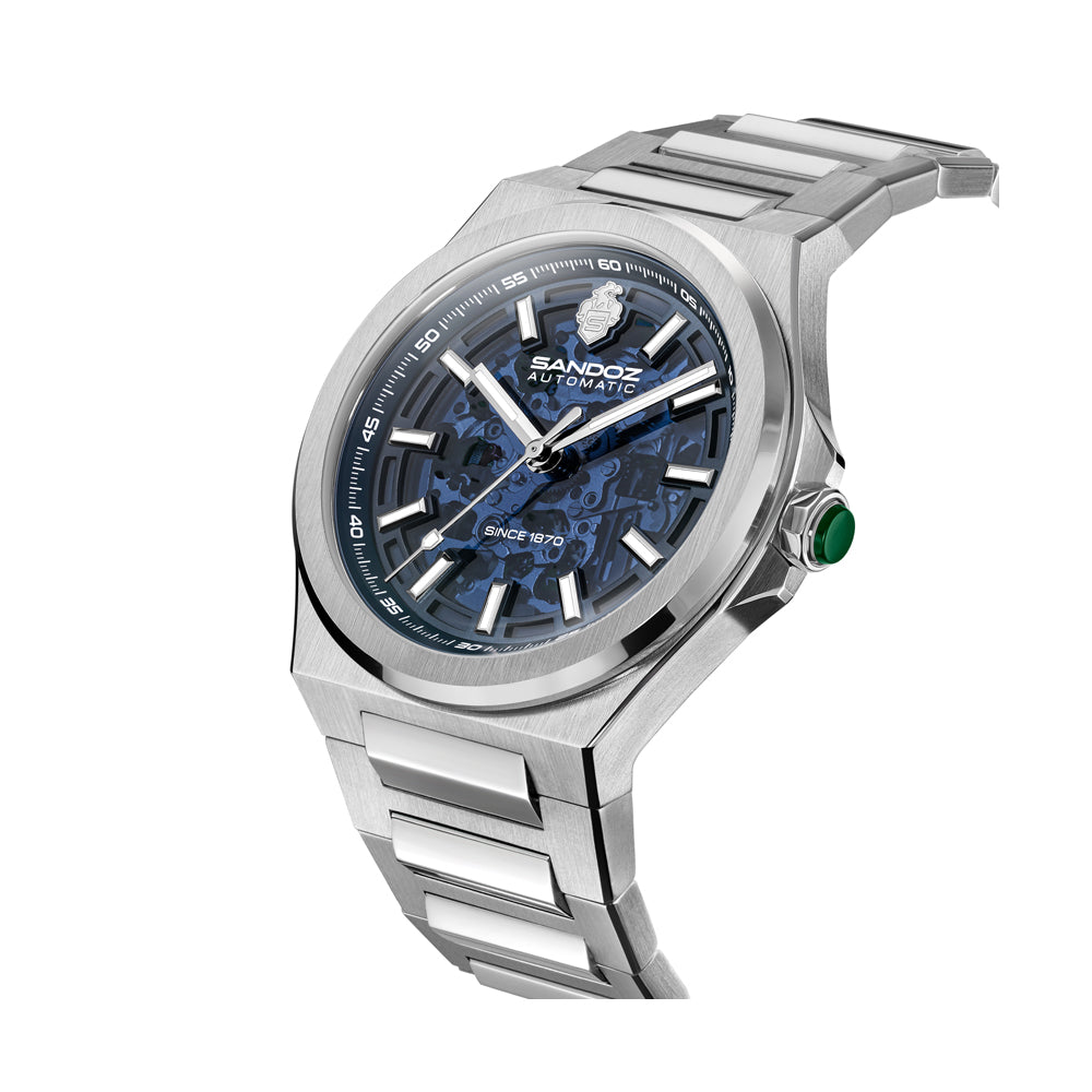 CDF 75 GENTS AUTOMATIC SKELETON WATCH Blue Dial, Stainless Steel Bracelet