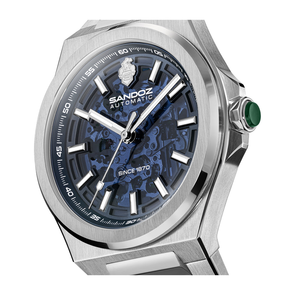 CDF 75 GENTS AUTOMATIC SKELETON WATCH Blue Dial, Stainless Steel Bracelet