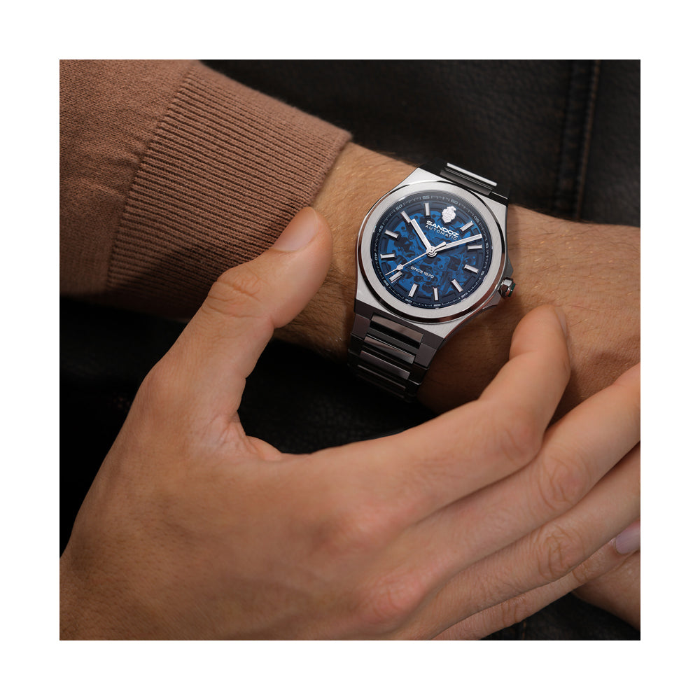 CDF 75 GENTS AUTOMATIC SKELETON WATCH Blue Dial, Stainless Steel Bracelet