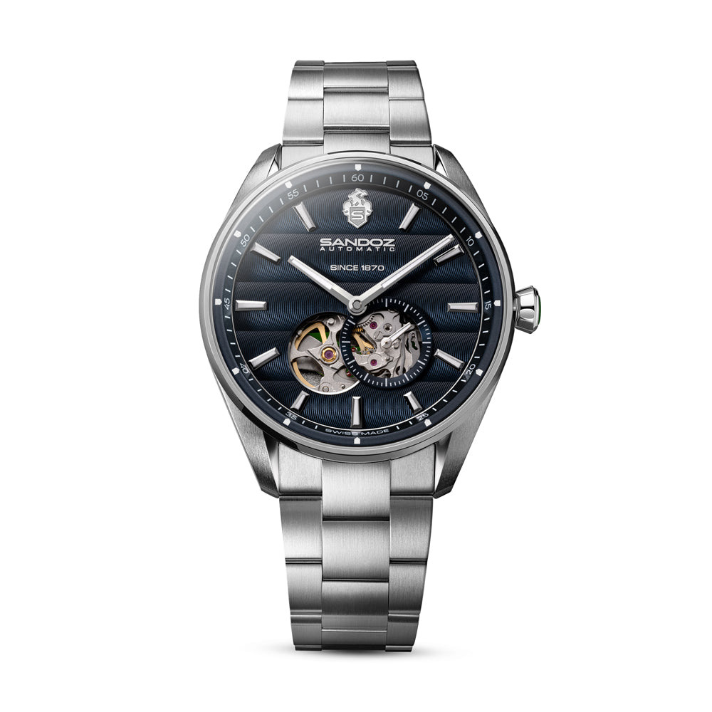 BACHELIN GENTS AUTOMATIC OPEN HEART WATCH Blue Dial, Stainless Steel Bracelet