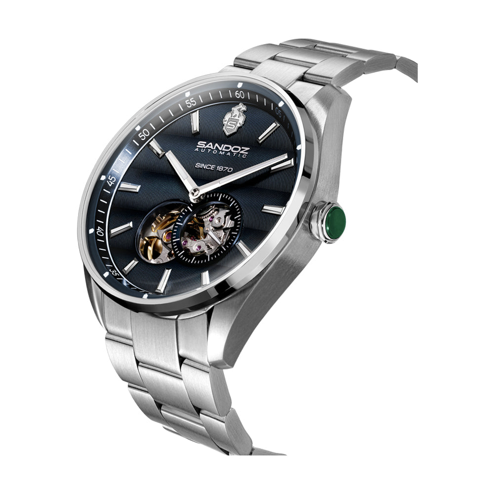 BACHELIN GENTS AUTOMATIC OPEN HEART WATCH Blue Dial, Stainless Steel Bracelet