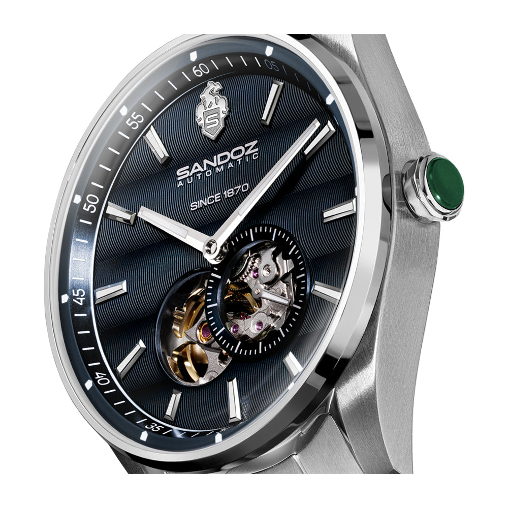 BACHELIN GENTS AUTOMATIC OPEN HEART WATCH Blue Dial, Stainless Steel Bracelet