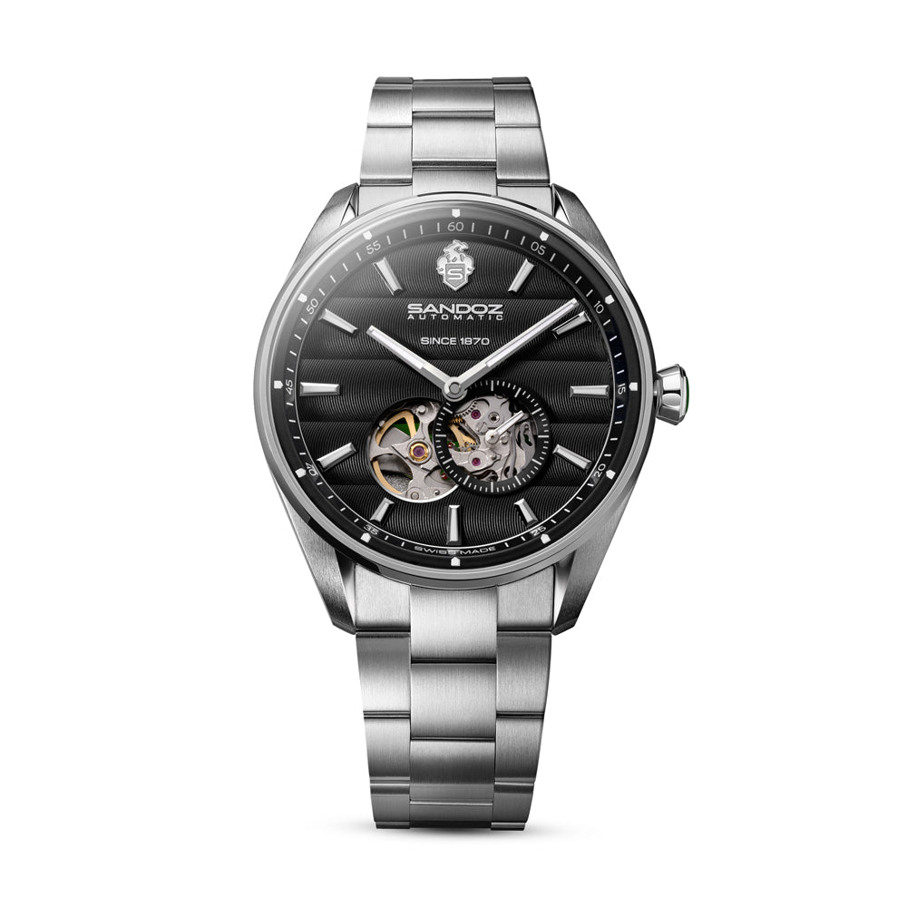 BACHELIN GENTS AUTOMATIC OPEN HEART WATCH Black Dial, Stainless Steel Bracelet