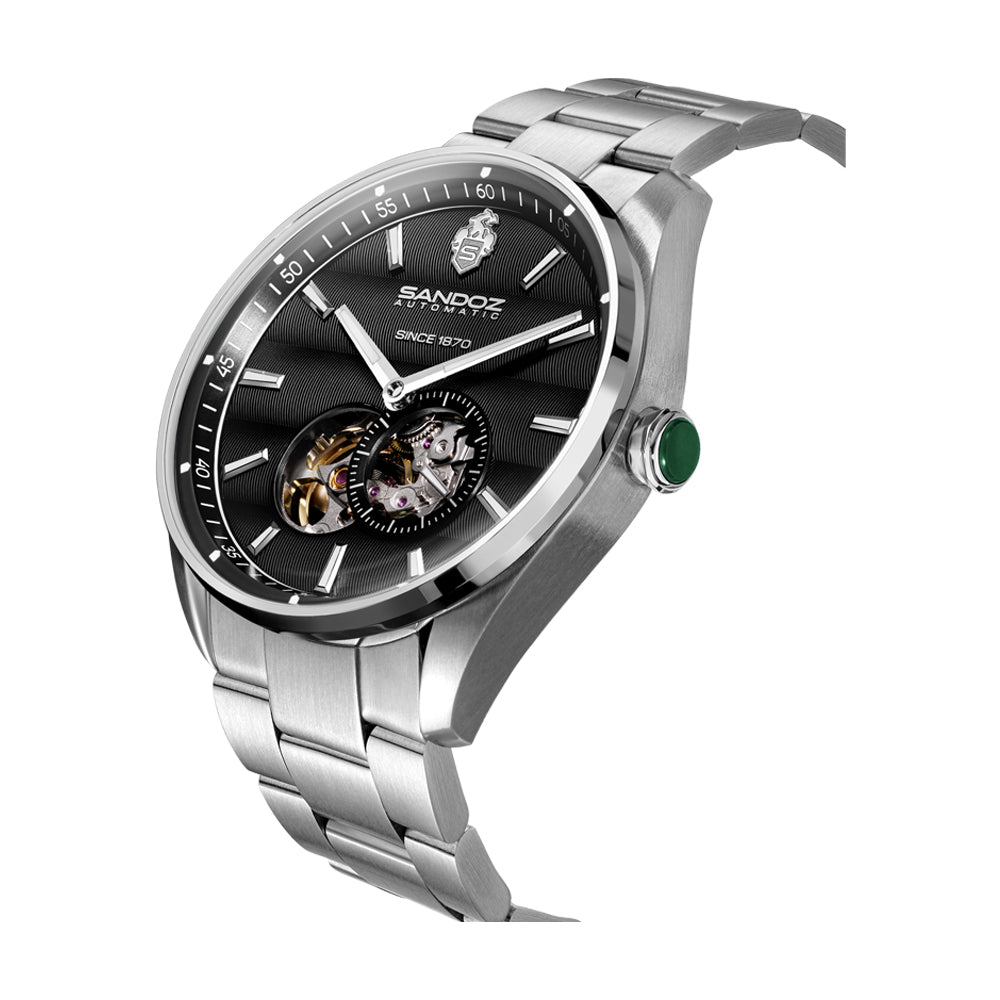 BACHELIN GENTS AUTOMATIC OPEN HEART WATCH Black Dial, Stainless Steel Bracelet