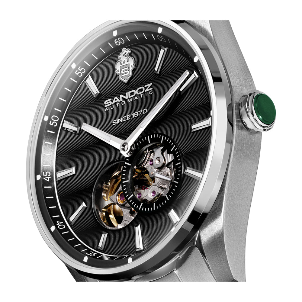 BACHELIN GENTS AUTOMATIC OPEN HEART WATCH Black Dial, Stainless Steel Bracelet