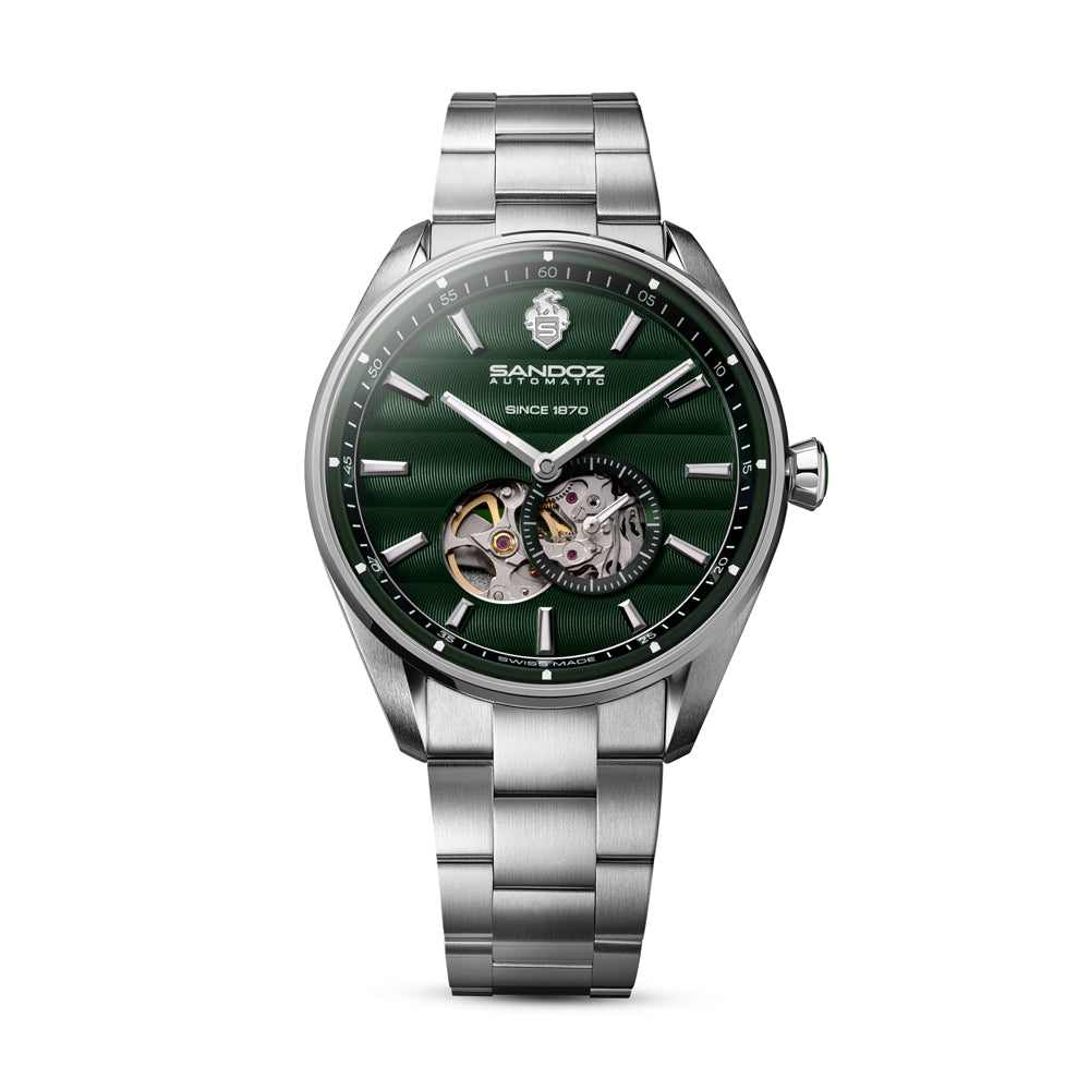 BACHELIN GENTS AUTOMATIC OPEN HEART WATCH Green Dial, Stainless Steel Bracelet