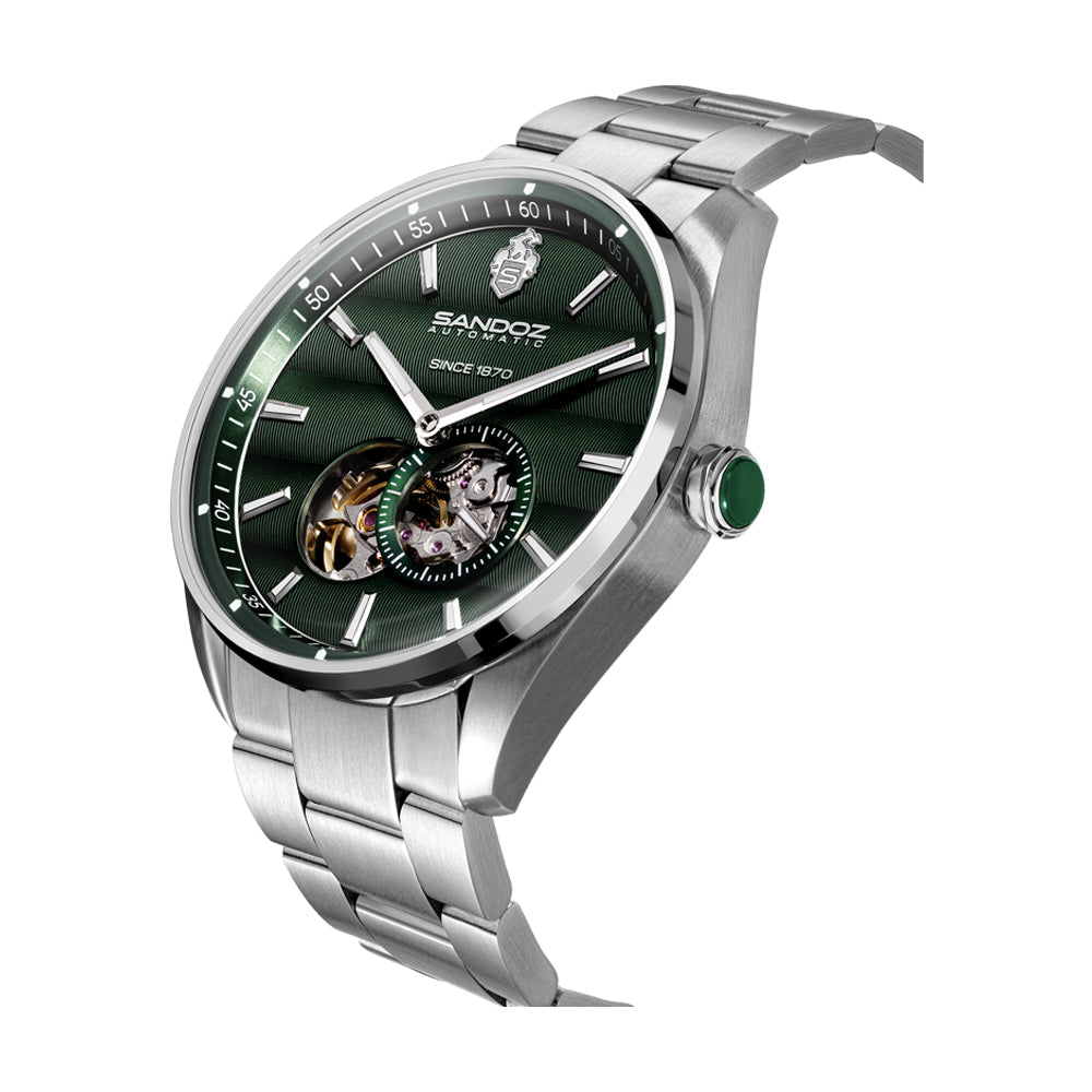 BACHELIN GENTS AUTOMATIC OPEN HEART WATCH Green Dial, Stainless Steel Bracelet