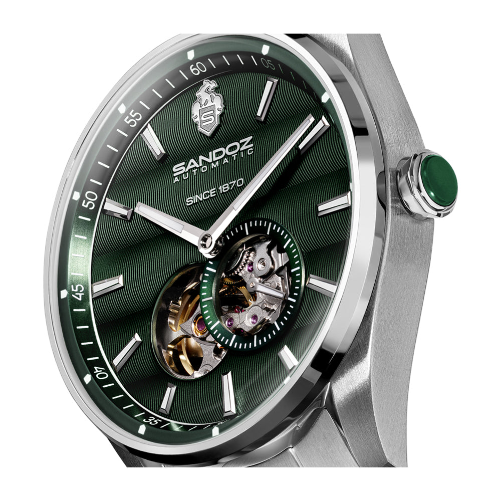 BACHELIN GENTS AUTOMATIC OPEN HEART WATCH Green Dial, Stainless Steel Bracelet