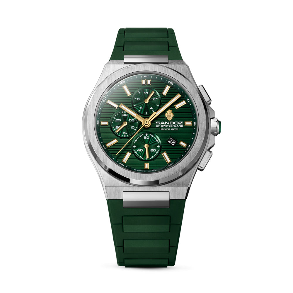 CDF 75 GENTS QUARTZ CHRONOGRAPH Green Brushed Dial with Embossed Lines and Green Chronograph eyes / Green High Resistance FKM Rubber Strap with Silver Colour Butterfuly Buckle