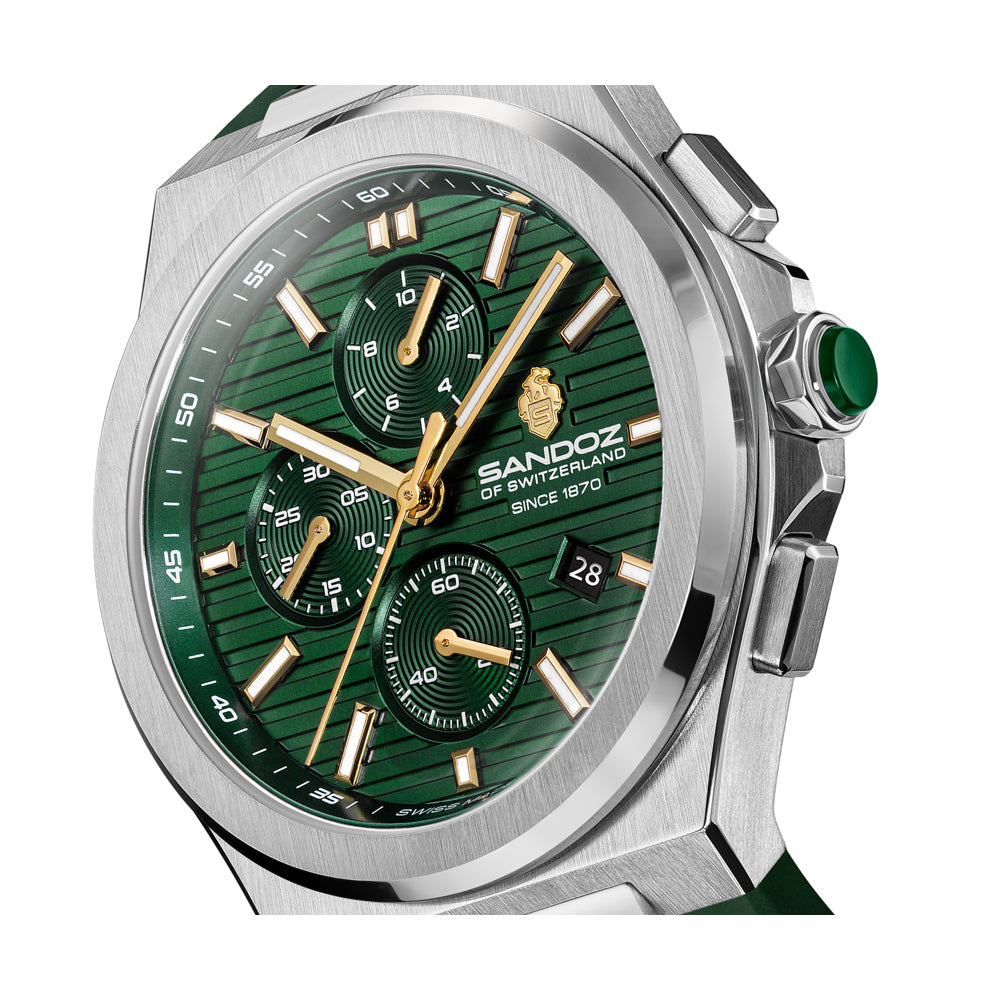 CDF 75 GENTS QUARTZ CHRONOGRAPH Green Brushed Dial with Embossed Lines and Green Chronograph eyes / Green High Resistance FKM Rubber Strap with Silver Colour Butterfuly Buckle