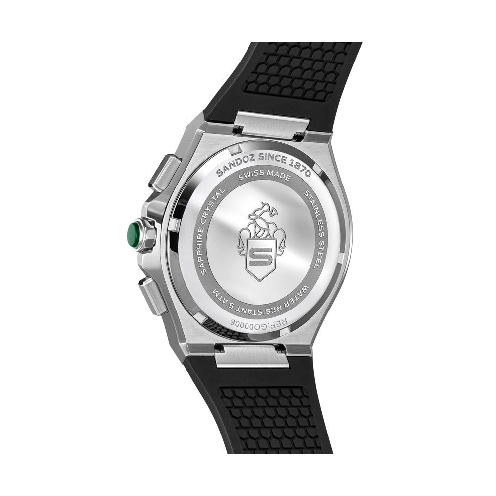 CDF 75 GENTS QUARTZ CHRONOGRAPH Silver Brushed Dial with Embossed Lines and black Chronograph eyes / Black High Resistance FKM Rubber Strap with Silver Colour Butterfuly Buckle