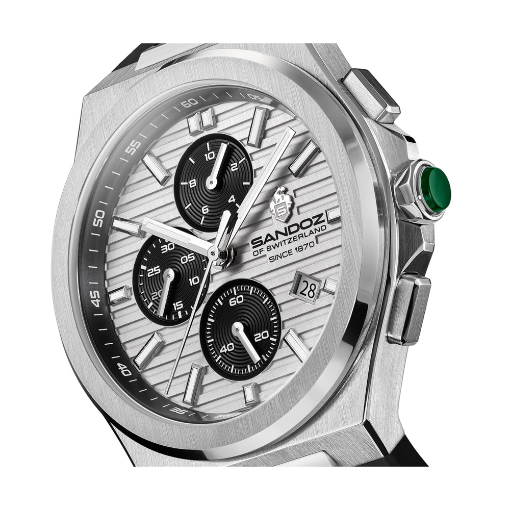 CDF 75 GENTS QUARTZ CHRONOGRAPH Silver Brushed Dial with Embossed Lines and black Chronograph eyes / Black High Resistance FKM Rubber Strap with Silver Colour Butterfuly Buckle