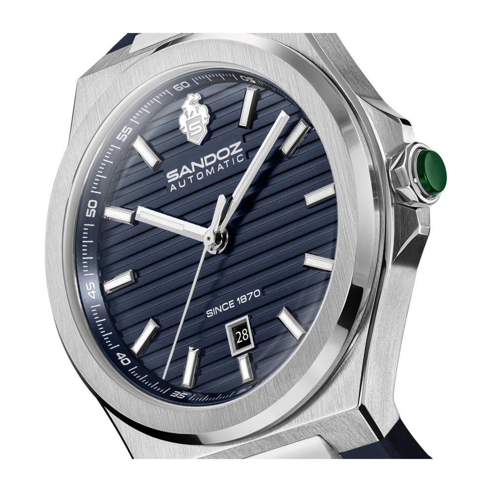 CDF 75 GENTS AUTOMATIC 3H DATE Dark Blue Brushed Dial with Embossed Lines / Blue High Resistance FKM Rubber Strap with Silver Colour Butterfuly Buckle