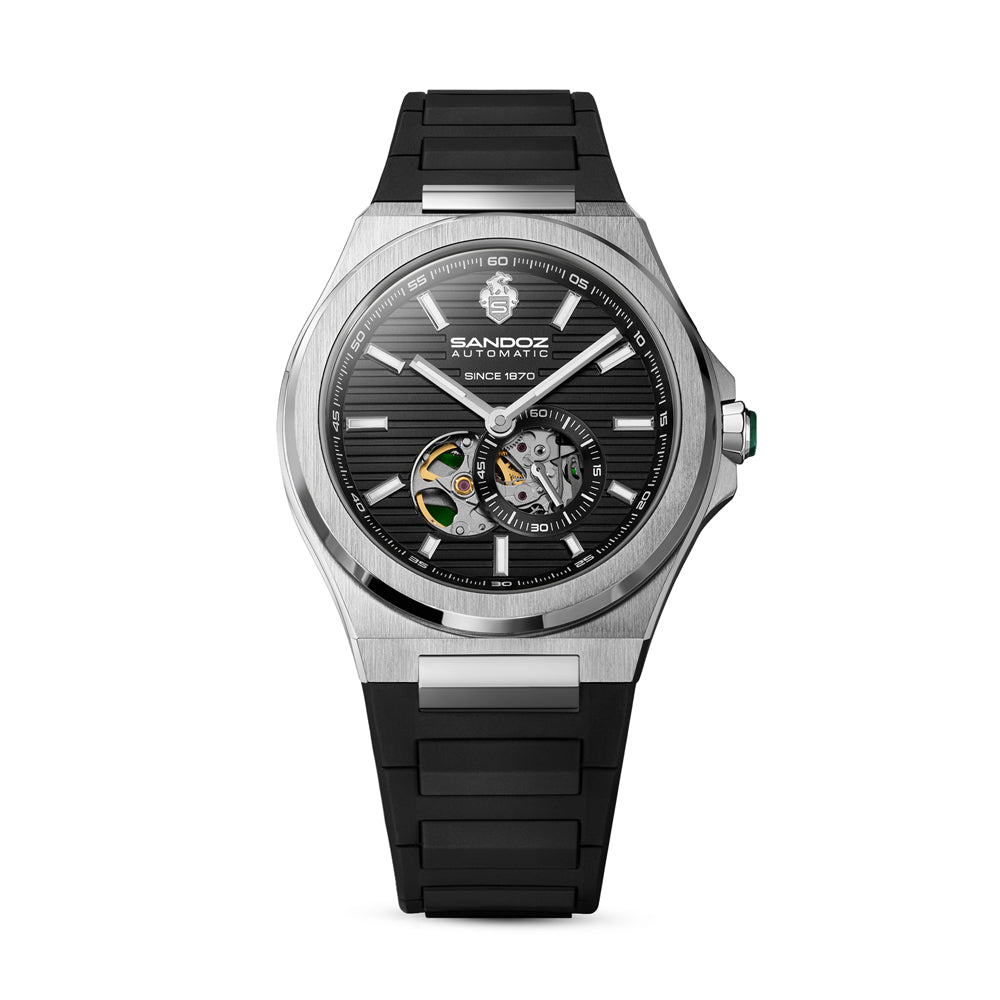 CDF 75 GENTS AUTOMATIC OPEN HEART WATCH Black Dial, Black Rubber Strap