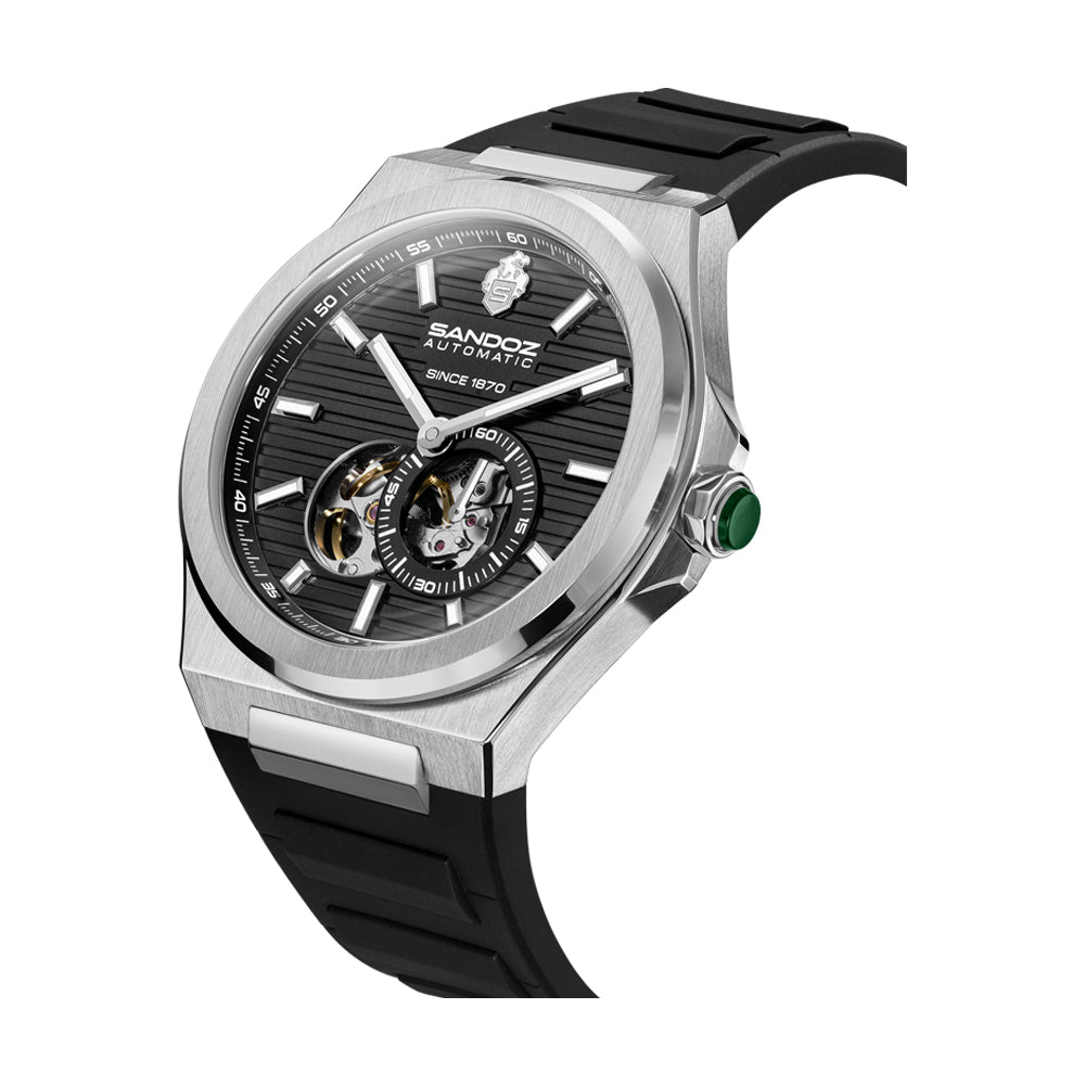 CDF 75 GENTS AUTOMATIC OPEN HEART WATCH Black Dial, Black Rubber Strap