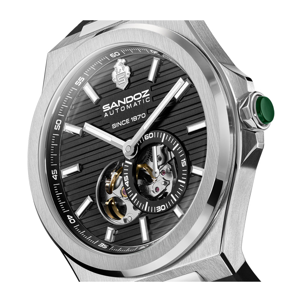 CDF 75 GENTS AUTOMATIC OPEN HEART WATCH Black Dial, Black Rubber Strap
