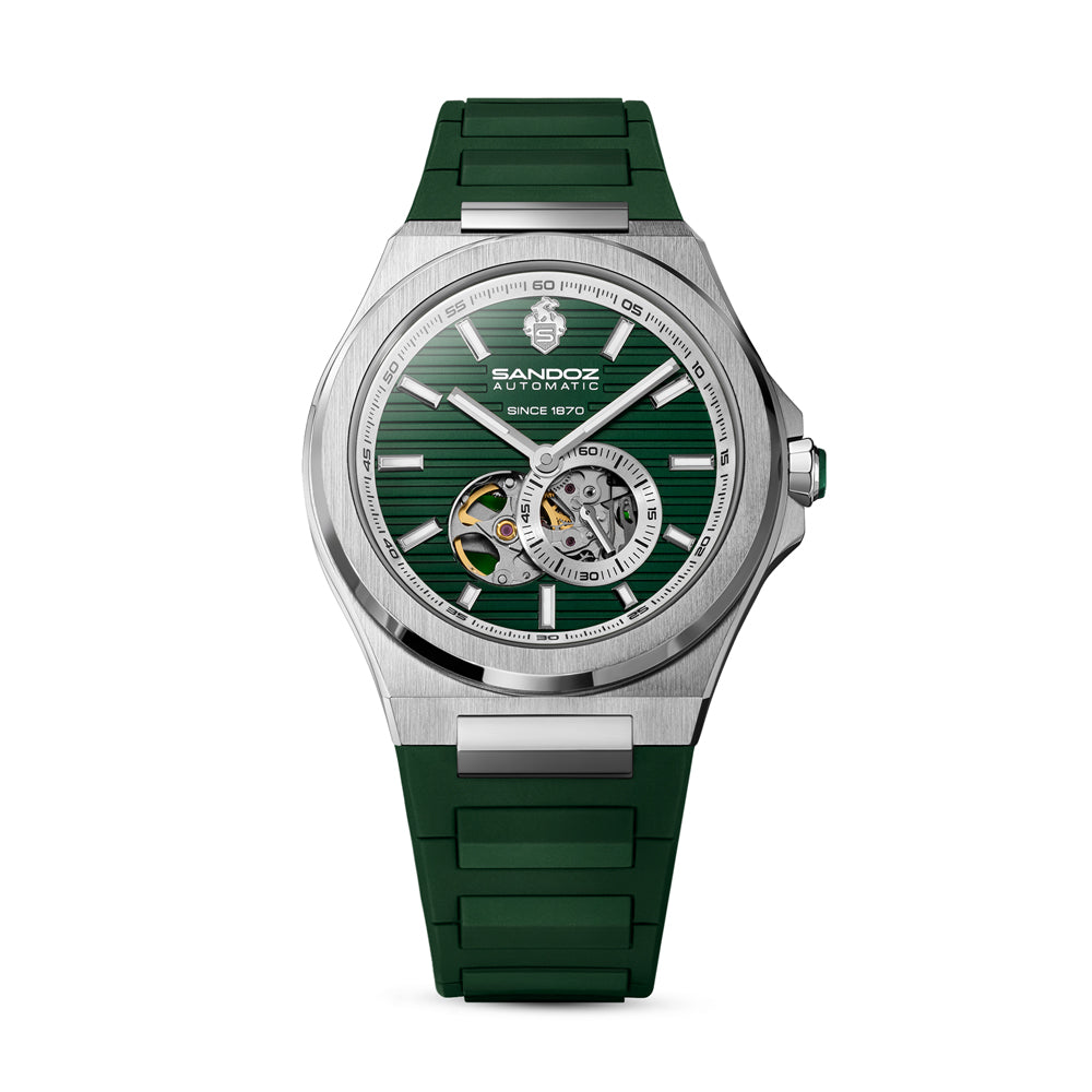 CDF 75 GENTS AUTOMATIC OPEN HEART WATCH Green Dial, Green Rubber Strap