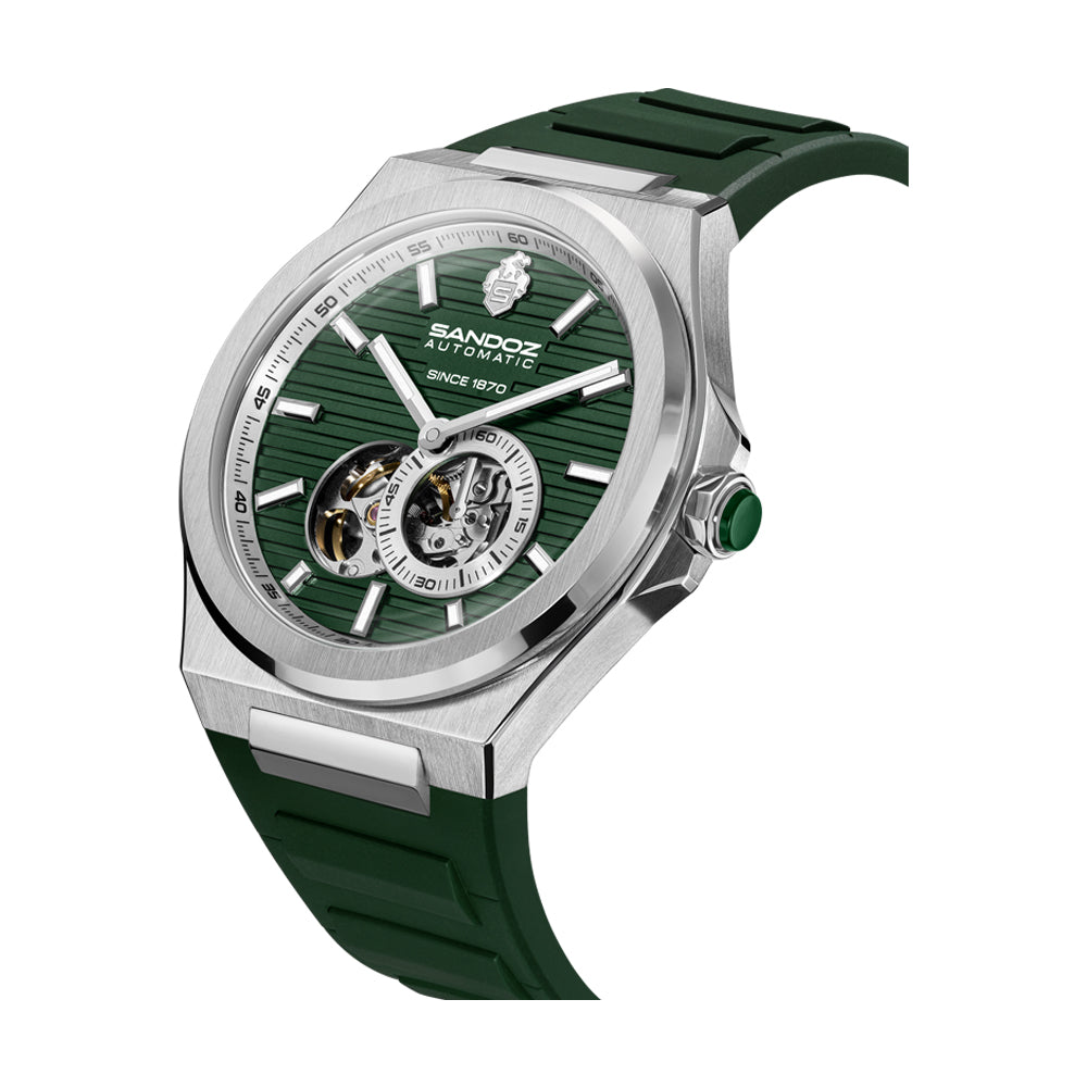 CDF 75 GENTS AUTOMATIC OPEN HEART WATCH Green Dial, Green Rubber Strap