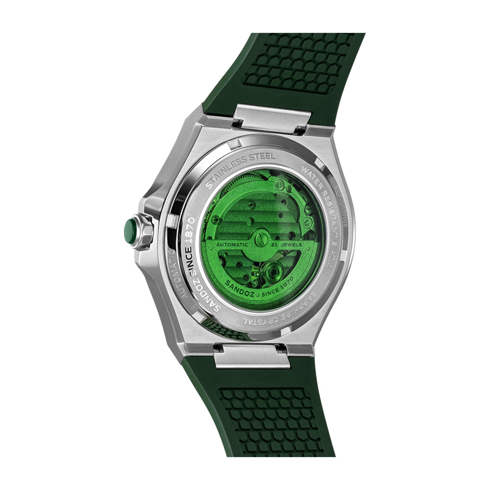 CDF 75 GENTS AUTOMATIC OPEN HEART WATCH Green Dial, Green Rubber Strap