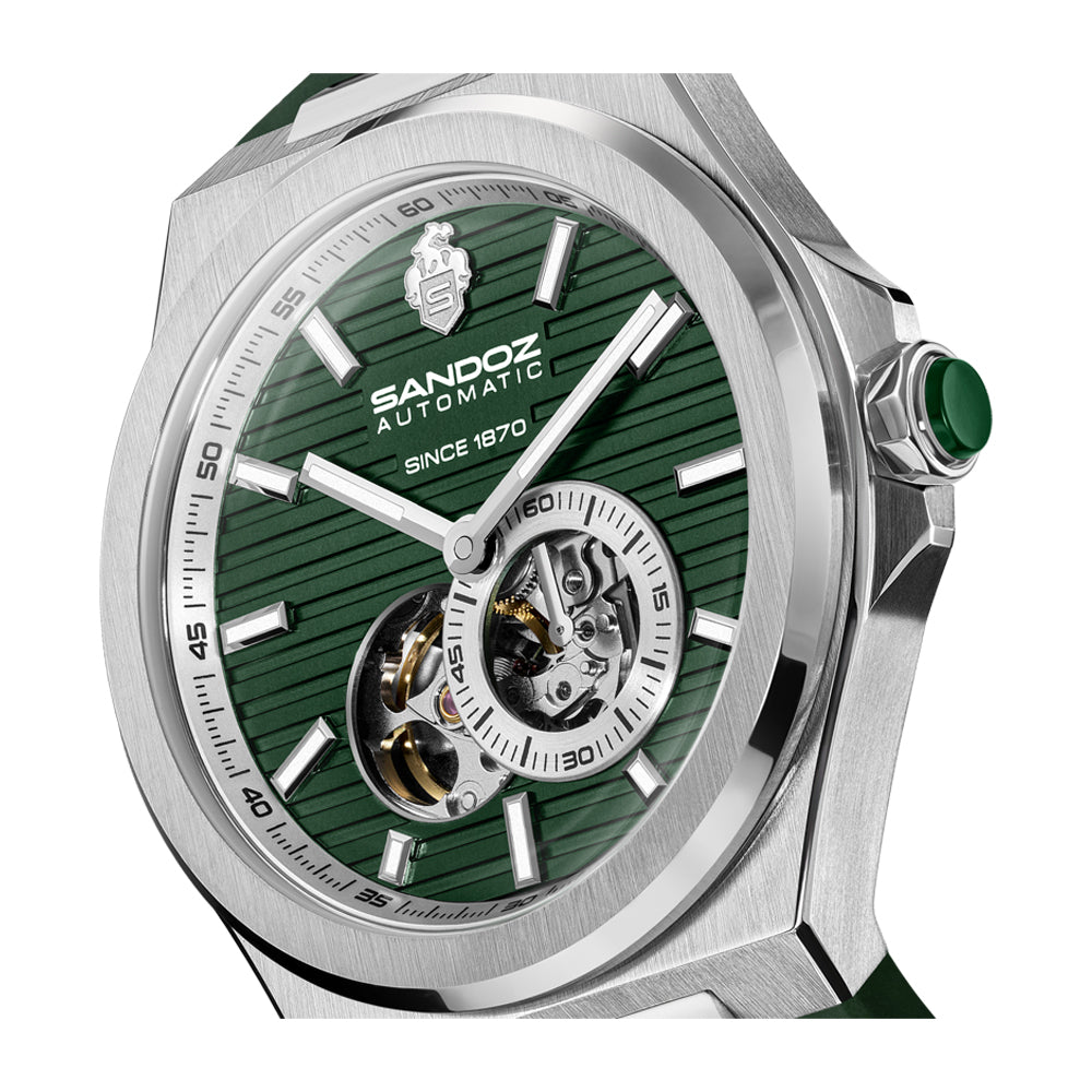 CDF 75 GENTS AUTOMATIC OPEN HEART WATCH Green Dial, Green Rubber Strap