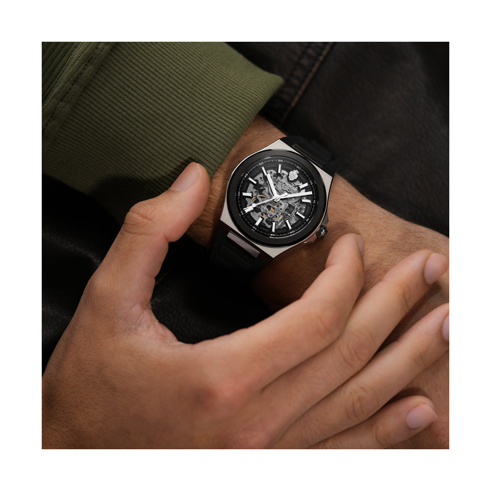 CDF 75 GENTS AUTOMATIC SKELETON WATCH Smoke Dial, Black Rubber Strap