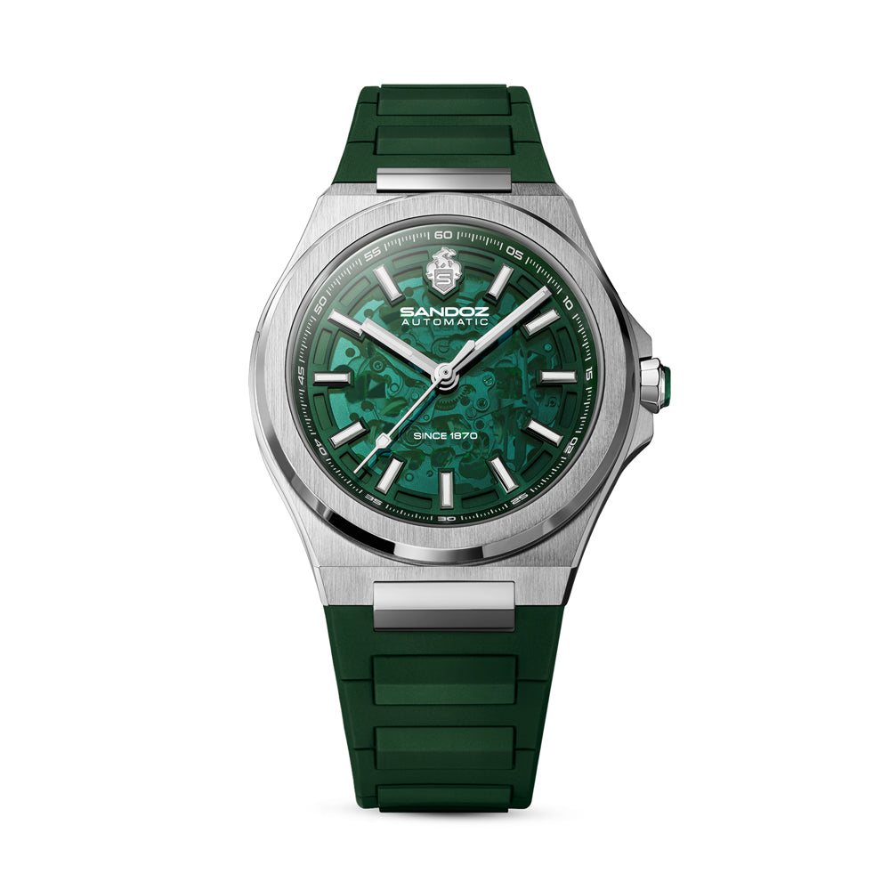 CDF 75 GENTS AUTOMATIC SKELETON WATCH Green Dial, Green Rubber Strap