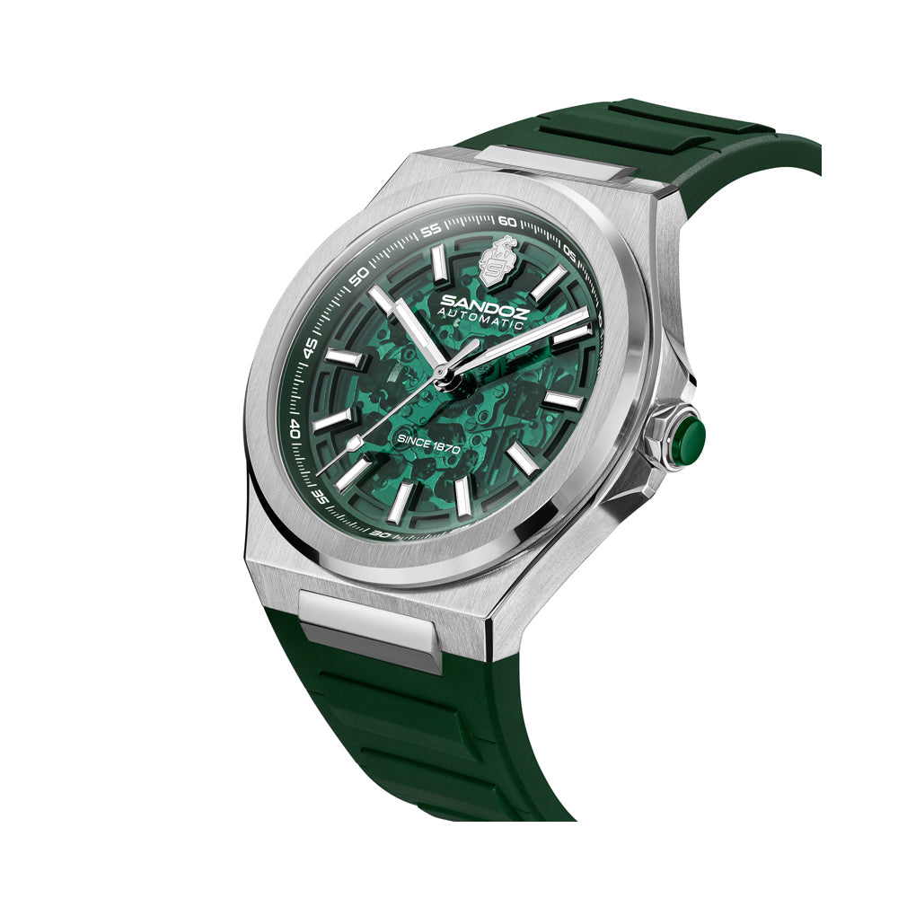 CDF 75 GENTS AUTOMATIC SKELETON WATCH Green Dial, Green Rubber Strap