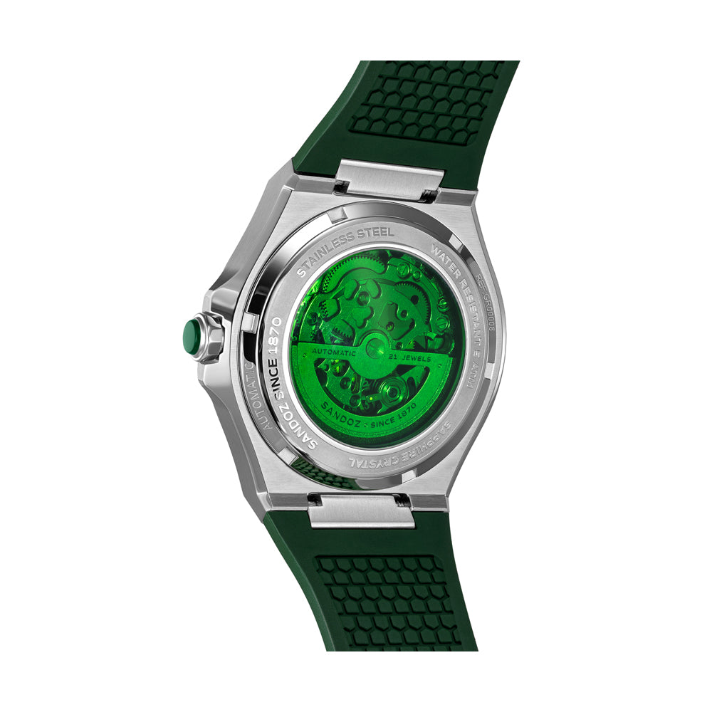CDF 75 GENTS AUTOMATIC SKELETON WATCH Green Dial, Green Rubber Strap