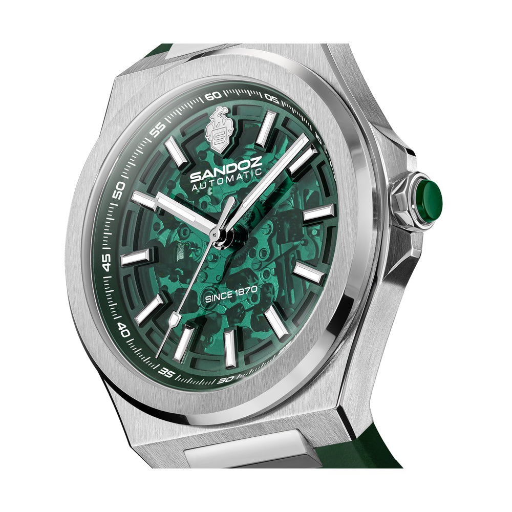 CDF 75 GENTS AUTOMATIC SKELETON WATCH Green Dial, Green Rubber Strap