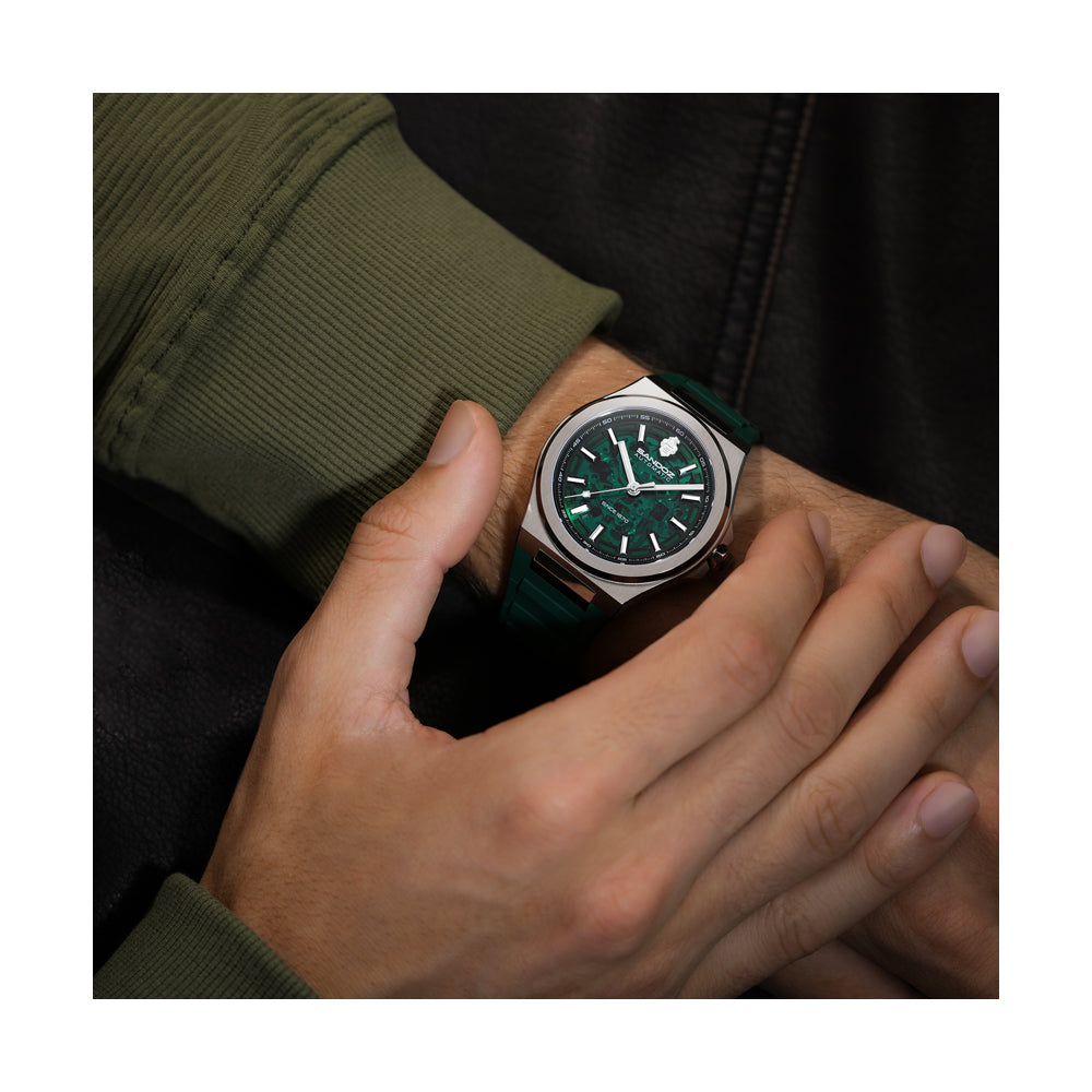 CDF 75 GENTS AUTOMATIC SKELETON WATCH Green Dial, Green Rubber Strap
