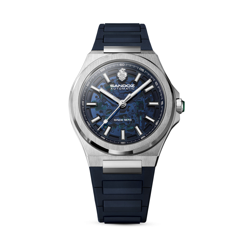 CDF 75 GENTS AUTOMATIC SKELETON WATCH Blue Dial, Blue Rubber Strap