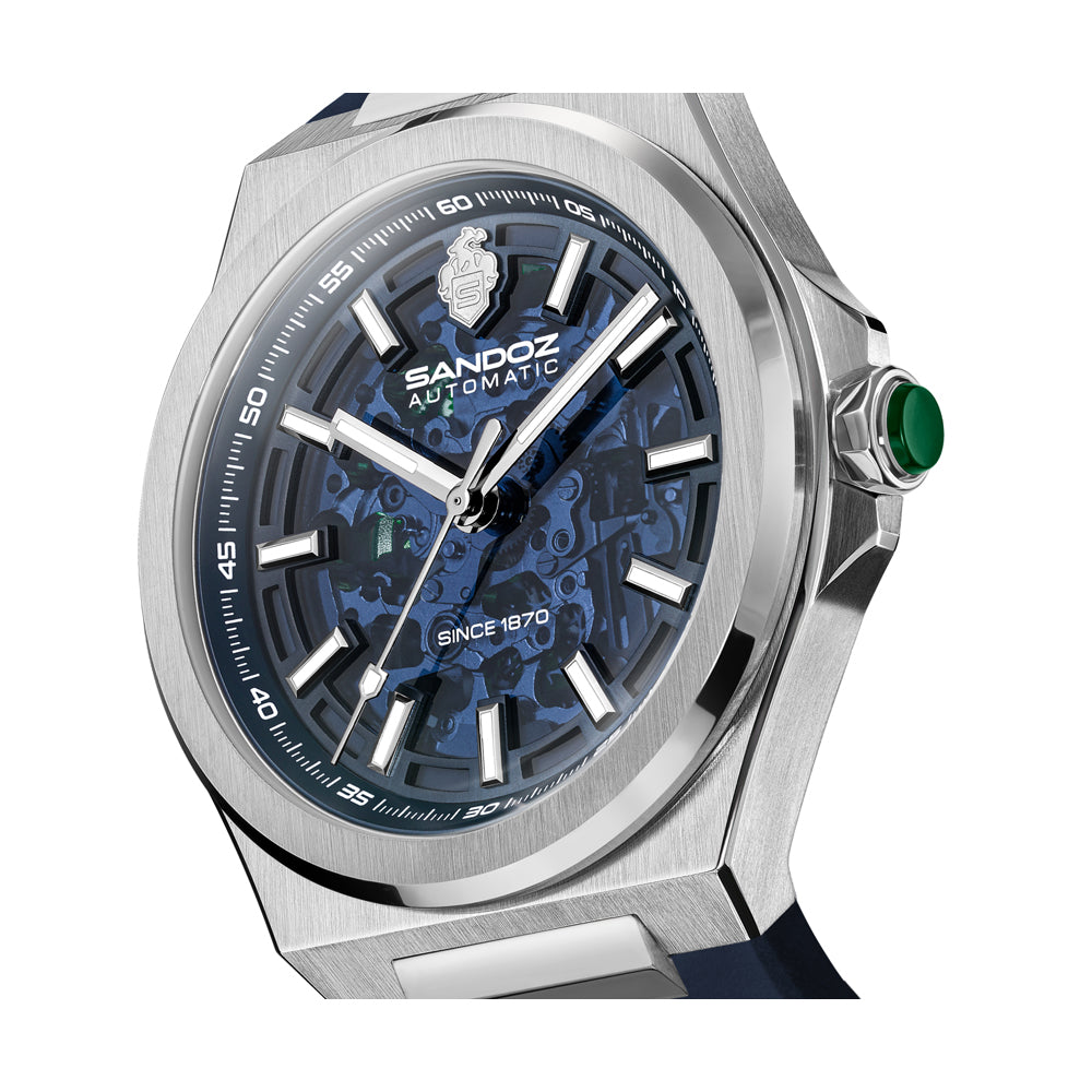 CDF 75 GENTS AUTOMATIC SKELETON WATCH Blue Dial, Blue Rubber Strap