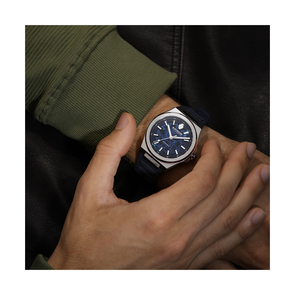 CDF 75 GENTS AUTOMATIC SKELETON WATCH Blue Dial, Blue Rubber Strap