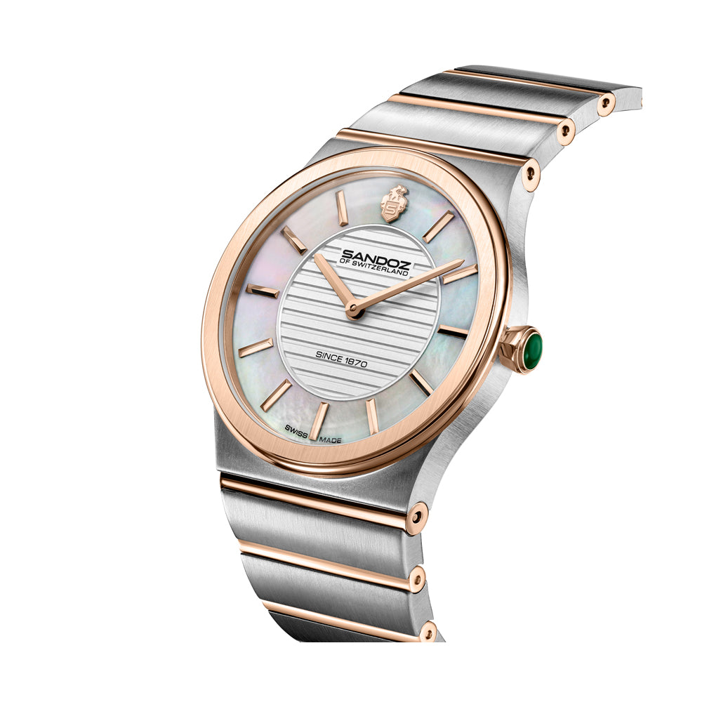 TRESOR LADIES QUARTZ WATCH White Mother of Pearl Dial, Silver & Rose Gold Plated Bracelet