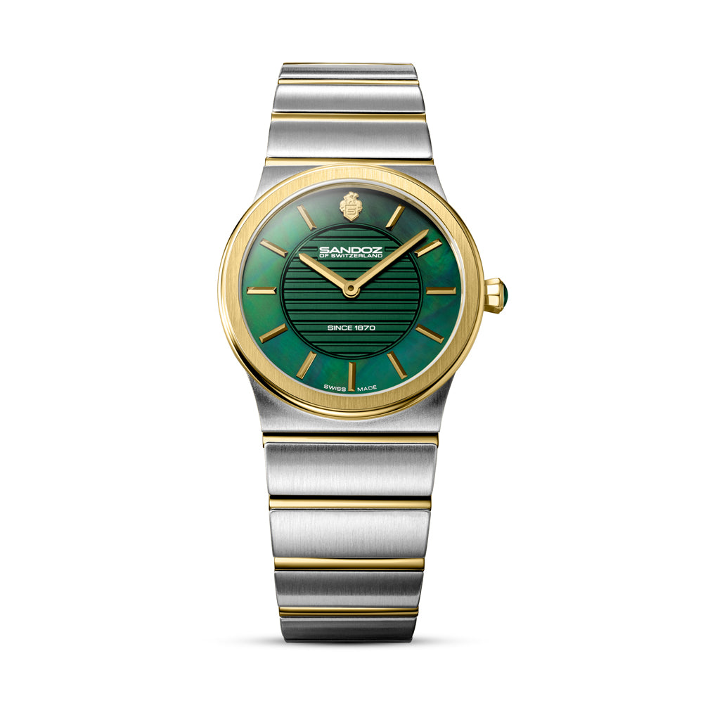 TRESOR LADIES QUARTZ WATCH Green Mother of Pearl Dial, Silver & Gold Plated Bracelet
