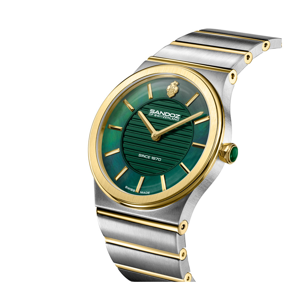 TRESOR LADIES QUARTZ WATCH Green Mother of Pearl Dial, Silver & Gold Plated Bracelet