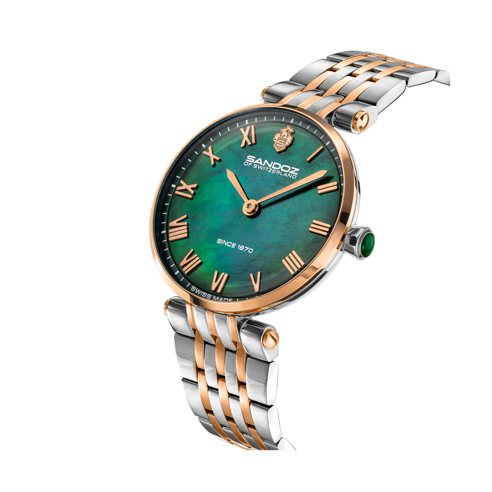 ORANGERIE LADIES QUARTZ WATCH Green Mother of Pearl Dial, Silver & Gold Plated Bracelet