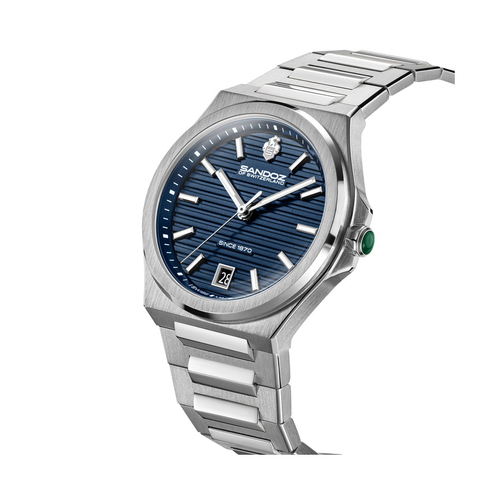 CDF 75 LADIES QUARTZ 3H DATE Dark Blue Brushed Dial with Embossed Lines / Silver Colour 316L Stainless Steel Bracelet and Butterfly Buckle