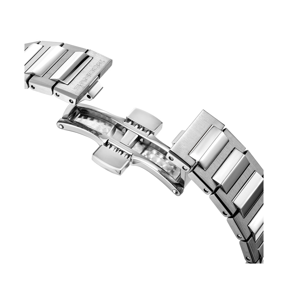 CDF 75 LADIES QUARTZ 3H DATE Dark Blue Brushed Dial with Embossed Lines / Silver Colour 316L Stainless Steel Bracelet and Butterfly Buckle